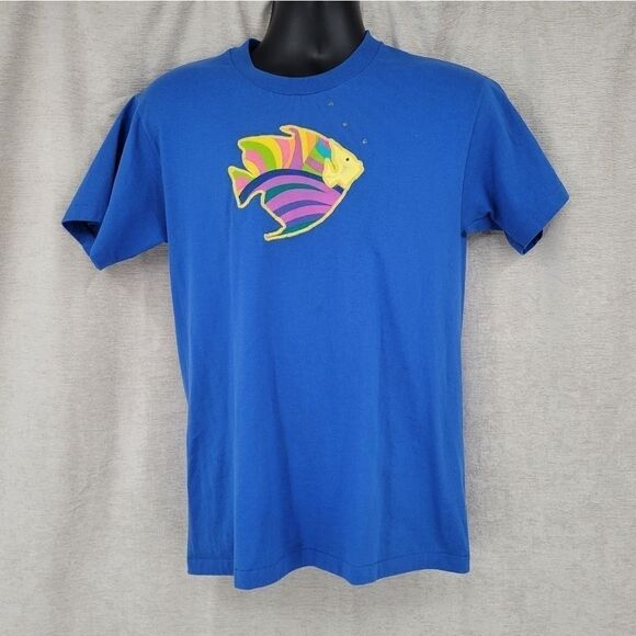 HANES Heavyweight Blue Single Stitch Tee with Tropical Fish applique - Picture 1 of 8